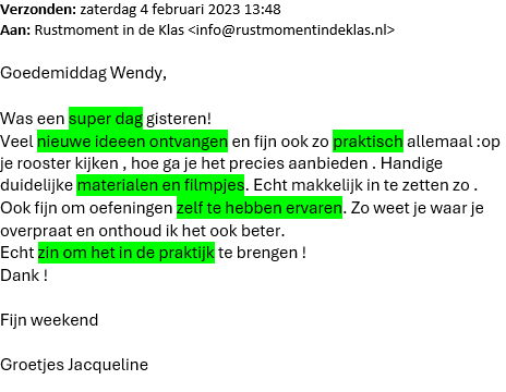 Bericht van Jacqueline, leerkracht kleutergroep, over rustmomenten in haar klas